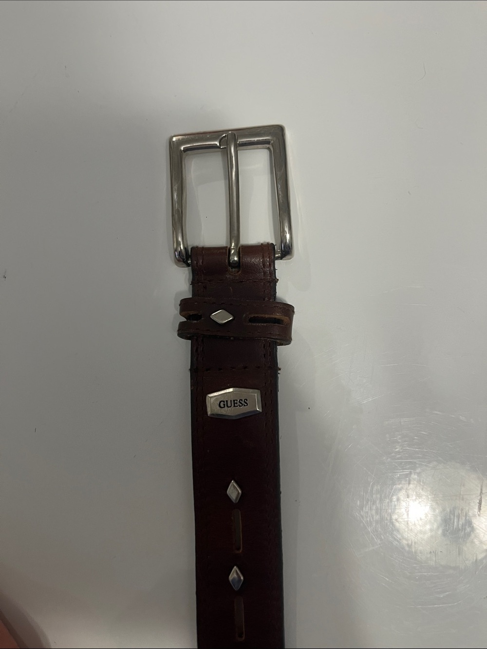 GUESS Men or Women’s Dark Brown Leather Belt with Silver Hardware